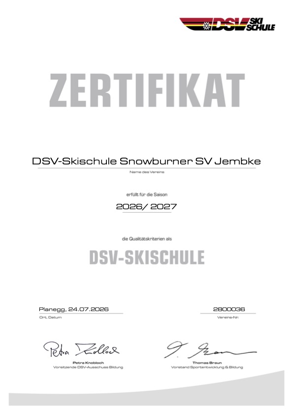 2026_ 2027_Lizenzierung DSV-Skischule Zertifikat_NSV_DSV-Skischule Snowburner SV Jembke